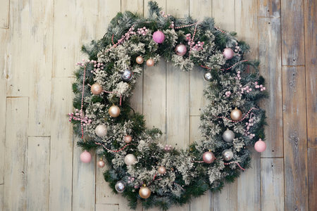 Christmas wreath on the wall. Interior decoration for the holiday.の写真素材