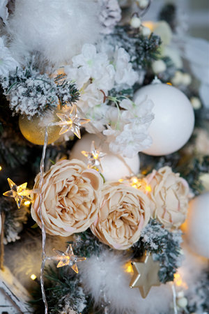 Elegant decorated with balls and figures Christmas tree with a beautiful design.の写真素材