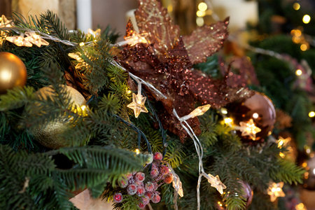 Elegant decorated with balls and figures Christmas tree with a beautiful design.の写真素材