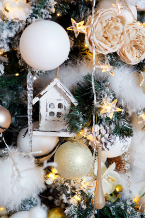 Elegant decorated with balls and figures Christmas tree with a beautiful design.の写真素材