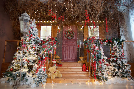 Room decorated for Christmas or new year. The interior of the room with a Christmas tree and decorations for the holiday.の写真素材