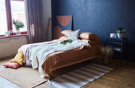 Bedroom in the loft style interior. Bright colors.