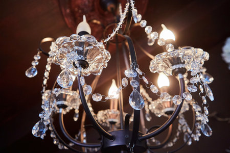 The interior of the room is in vintage style. Crystal chandelier. Decoration with flowers.の写真素材