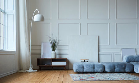 Loft-style interior design, gray and white colors. The floor is wooden.の写真素材