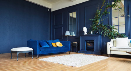 Loft-style interior design, blue and white colors. The floor is wooden.の写真素材