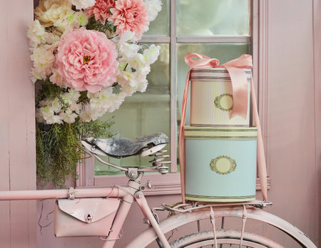 The trunk of a vintage pink bicycle. There are boxes tied with tape on the trunk. Exterior decor.の写真素材