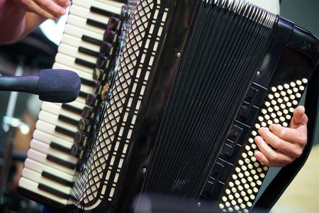 Musical instrument accordion in the hands of a male musician. The concept of culture and art.の写真素材