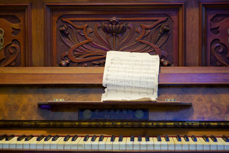 The keys of an old piano close-up. Vintage musical instrumentの写真素材