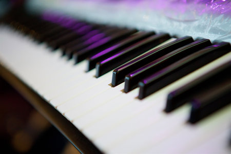 Electronic keyboard musical instrument synthesizer. Close-up of black and white keys. The concept of...