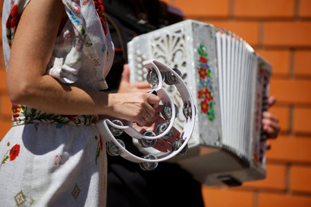 Folk instruments accordion and tambourine. Slavic or Balkan cultureの写真素材