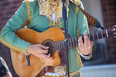 Stringed musical instrument acoustic guitar in the hands of a male musician. The concept of culture and art.の写真素材