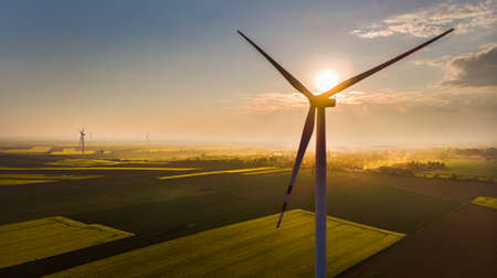 A warm day in the countryside. Yellow rape field at sunset. Wind turbines in the rape fieldの写真素材