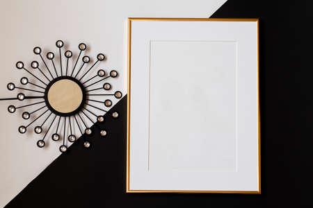 White picture frame with decorations. Mock up for your photo or text. Place your work, print art,...