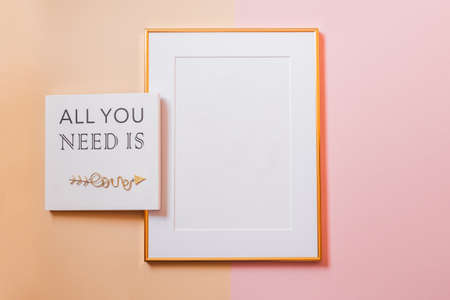 White picture frame with decorations. Mock up for your photo or text. Place your work, print art,...
