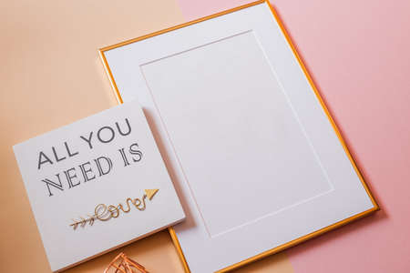 White picture frame with decorations. Mock up for your photo or text. Place your work, print art,...