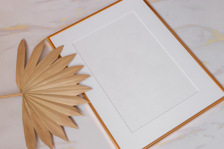 White picture frame with decorations. Mock up for your photo or text. Place your work, print art, white background, pastel color book. Photo realistic 3d illustrationの写真素材