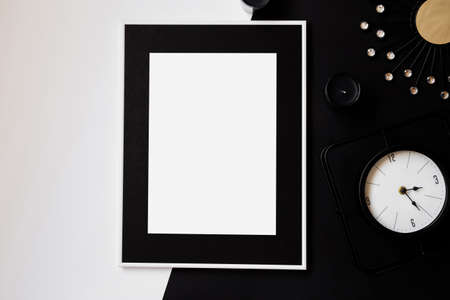 White picture frame with decorations. Mock up for your photo or text. Place your work, print art,...