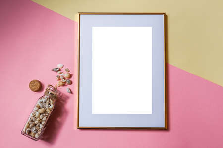 White picture frame with decorations. Mock up for your photo or text. Place your work, print art, white background, pastel color book. Photo realistic 3d illustrationの写真素材