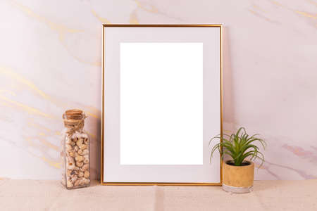 White picture frame with decorations. Mock up for your photo or text. Place your work, print art,...
