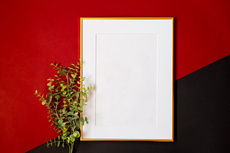 White picture frame with decorations. Mock up for your photo or text. Place your work, print art, white background, pastel color book. Photo realistic 3d illustrationの写真素材