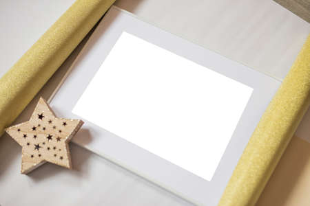 White picture frame with decorations. Mock up for your photo or text. Place your work, print art,...