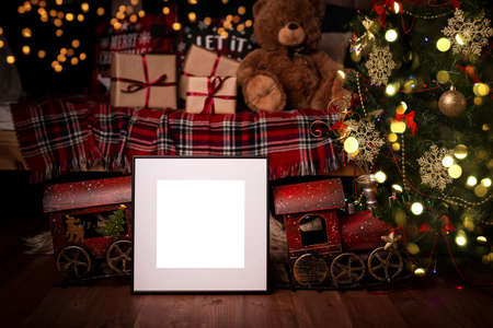 White picture frame with decorations. Mock up for your photo or text. Place your work, print art,...