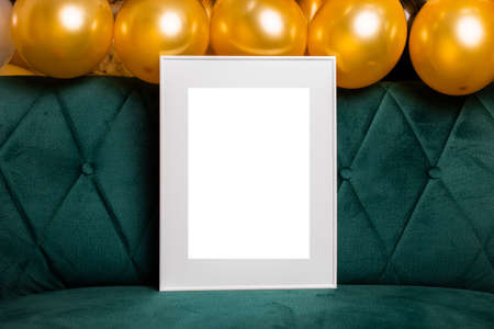 White picture frame with decorations. Mock up for your photo or text. Place your work, print art, white background, pastel color book. Photo realistic 3d illustration, home decor, home wallの写真素材
