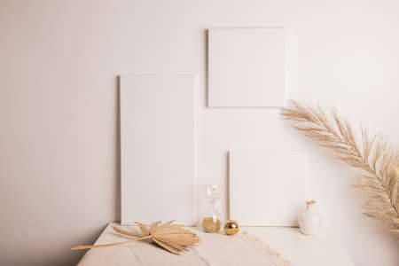 White picture frame with decorations. Mock up for your photo or text. Place your work, print art, white background, pastel color book. Photo realistic 3d illustration. White Background, bohoの写真素材