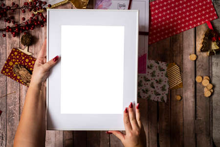 White picture frame with decorations. Mock up for your photo or text. Place your work, print art,...