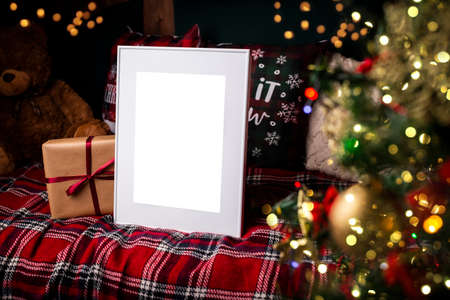 White picture frame with decorations. Mock up for your photo or text. Place your work, print art,...