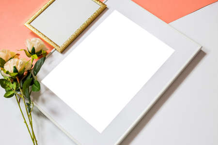 White picture frame with decorations. Mock up for your photo or text. Place your work, print art,...