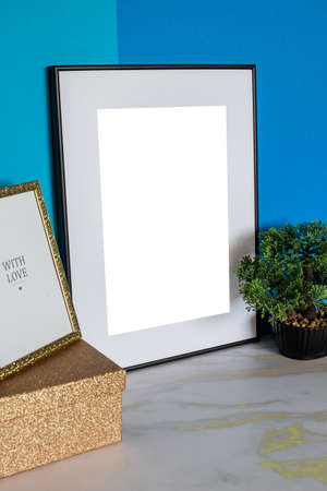 White picture frame with decorations. Mock up for your photo or text. Place your work, print art,...