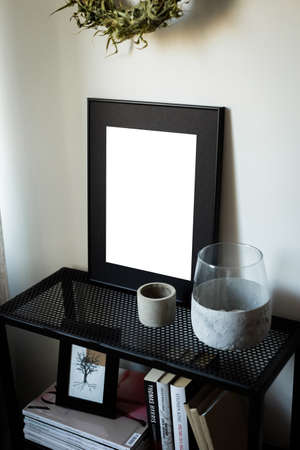 White picture frame with decorations. Mock up for your photo or text. Place your work, print art,...