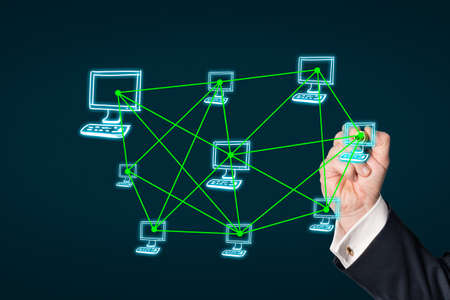 Business writing on a virtual screen ,with an dark blue background