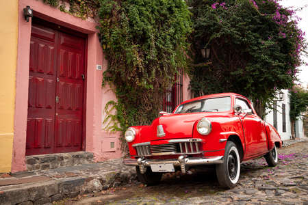 Old car in the street of Colonia del Sacramento. Colonia is on the Ro de la Plata in Uruguay, is the oldest city of Uruguay, its old town what Declared a UNESCO World Heritage Site.のeditorial素材