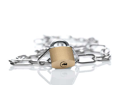 Iron chain me padlock on white backgroundの写真素材