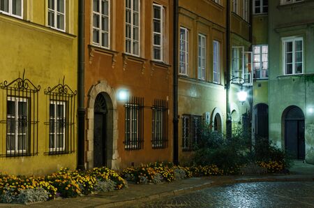 The street of the old town in Warsaw at night の写真素材