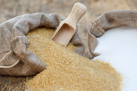 Various types of sugar, brown sugar and whiteの写真素材
