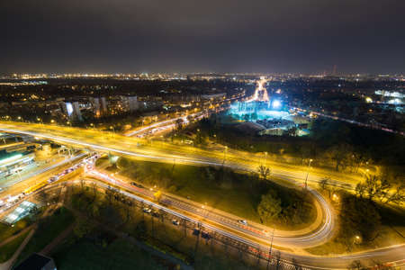 Panorama of Warsaw by nightの写真素材