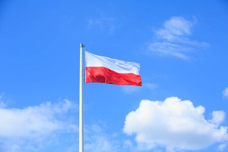 Polish flag on a background of blue skyの写真素材