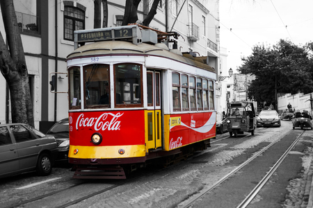 Vintage tram in the center of Lisbonのeditorial素材