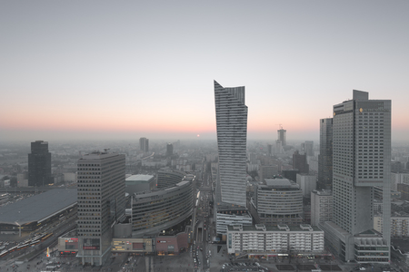 View of the center of Warsaw at sunsetのeditorial素材