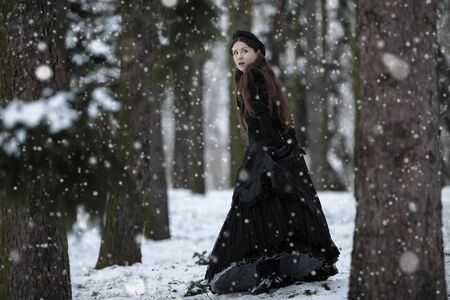 Woman in black Victorian dress in the winter parkの写真素材