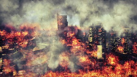 Apocalypse. Burning city, abstract vision.Photo manipulationの写真素材