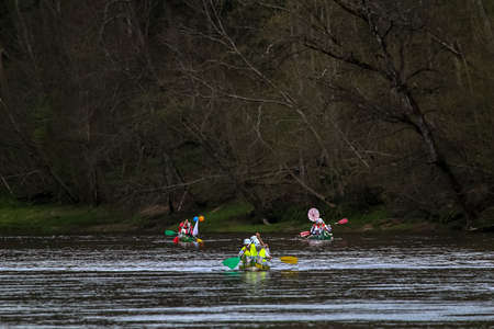People boating on river Gauja in Latvia, peacefull nature scene.のeditorial素材