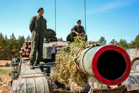 soldiers on tank Abrams. International Military Training Saber Strike 2017, Adazi, Latvia, from 3 to...