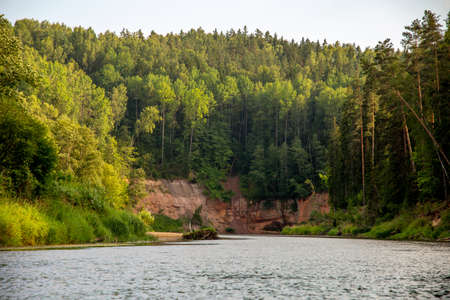 Landscape with cliff, flowing river and green forest in Latvia. Gauja is the longest river in...