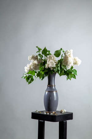 White branches of lilac in vase on gray background. Spring branch of blooming lilac on the table with gray background. Fallen lilac flowers on the table.の写真素材