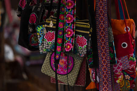 Colorful woven handbags for souvenir  in Guangxi Zhuang the Autonomous Region of Longsheng, Guilin, China in the East Asiaの写真素材