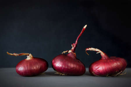 Red onions close up on dark backgroundの写真素材